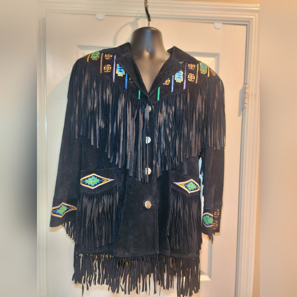 Vintage ERES LEVY Black Suede Beaded Fringe Jacket Southwest Women Small